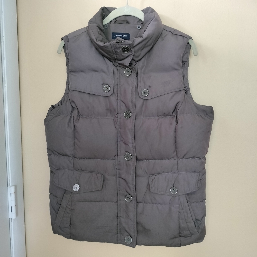 Lands' End Down Womens Puffer Vest Taupe M 10-12 Hiking Outdoors Preppy Travel